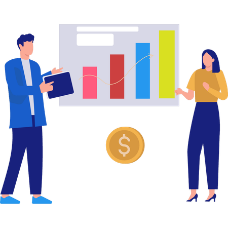 Girl and boy talking about financial graph  Illustration