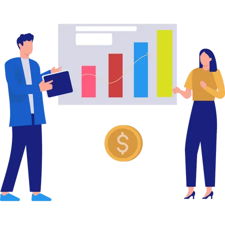 Girl And Boy Talking About Financial Business Graph Illustration