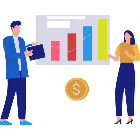 Girl and boy talking about financial graph  Illustration