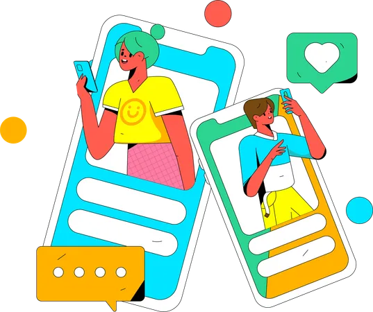 Girl and boy talking on social media using mobile  Illustration