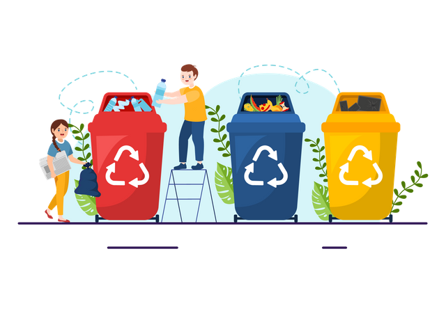 Girl and boy throwing waste in recycle bin  Illustration