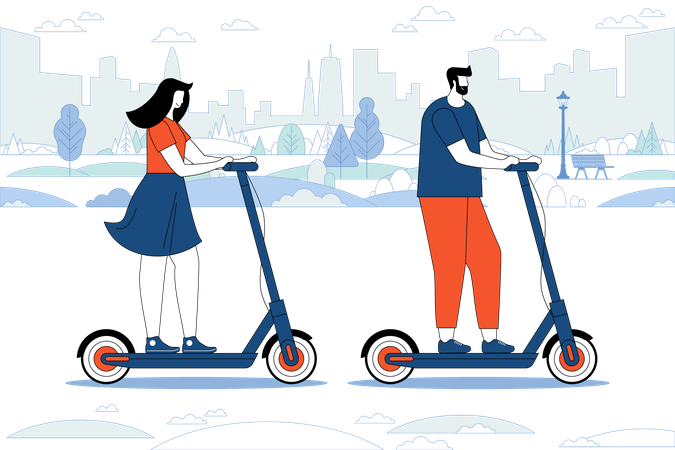 Girl and boy transporting around town and having tour  Illustration