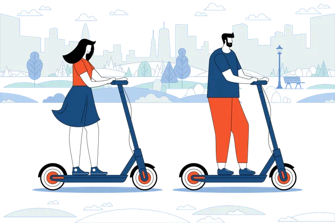 Girl and boy transporting around town and having tour  Illustration