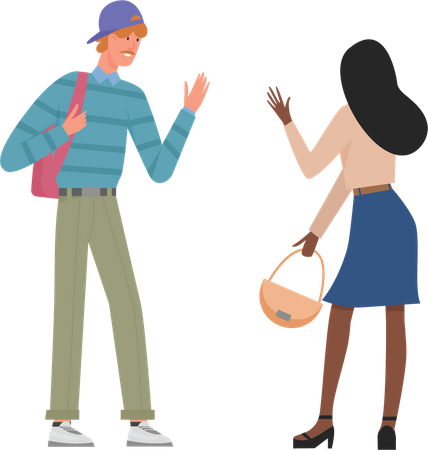 Girl and boy waiving hand at each other  イラスト