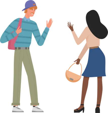 Girl and boy waiving hand at each other  イラスト