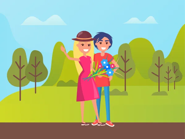 Man And Woman Lovely Day In Park Male Embracing Female And Holding Flowers Portrait View Of Smiling People Walking Outdoor Relationship Vector Illustration