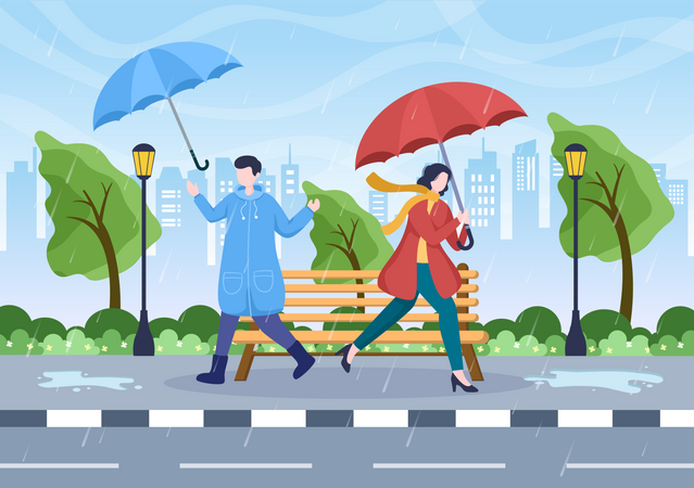 Girl and boy walking out in rain  Illustration
