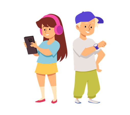 Girl and boy with gadgets  Illustration