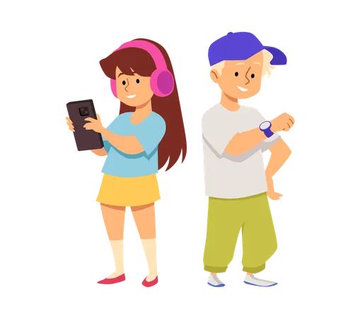 Girl and boy with gadgets  Illustration