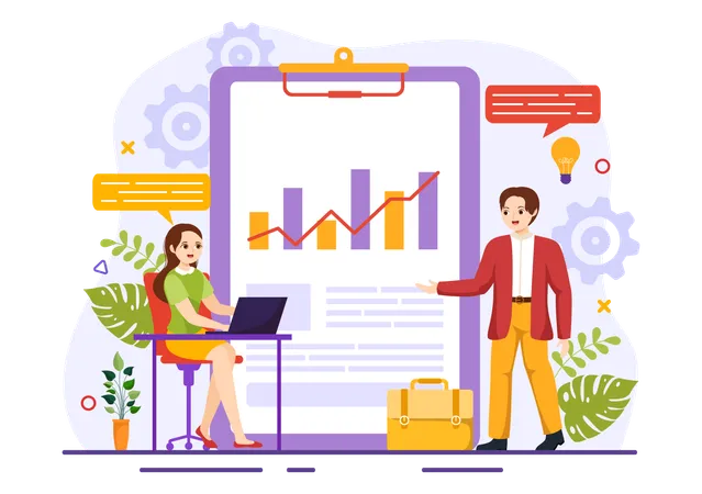 Girl and businessman working on growth chart  Illustration