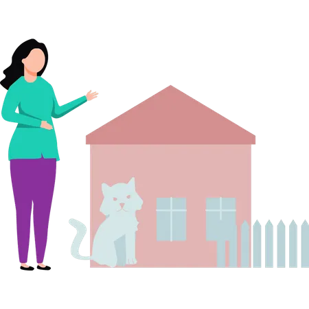 Girl and cat standing outside house  Illustration