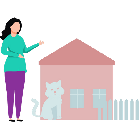 Girl and cat standing outside house  Illustration