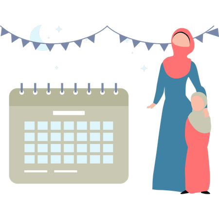 Girl and child standing next to a calendar  Illustration