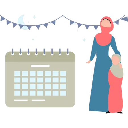 Girl and child standing next to a calendar  Illustration