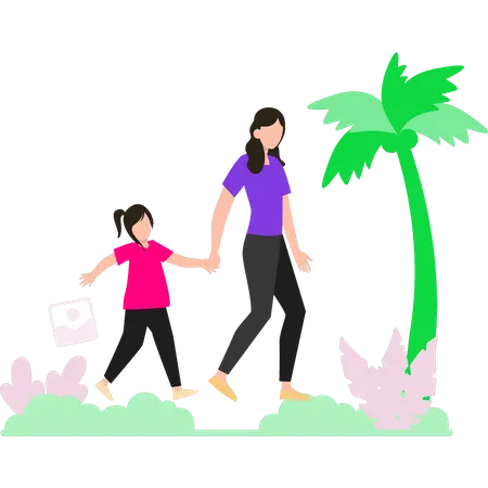 Girl and daughter walking on beach  Illustration