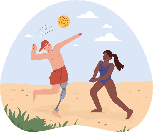 Girl and disabled man playing volley ball  Illustration