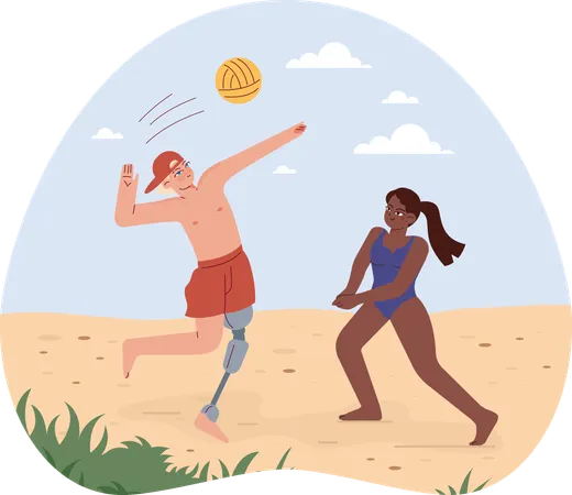 Girl and disabled man playing volley ball  Illustration
