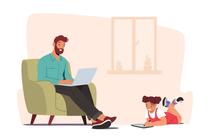Girl and Father Chatting Online Using Electronic Devices Illustration