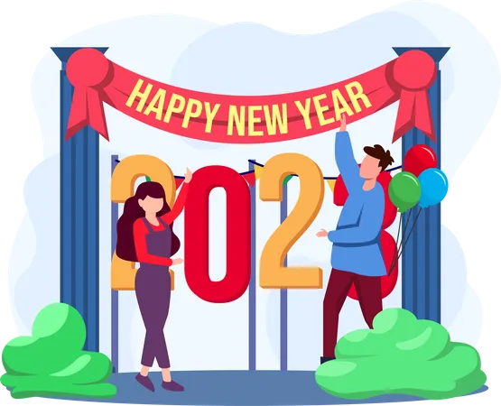 Girl And Guy Doing Decoration For New Year Party  Illustration