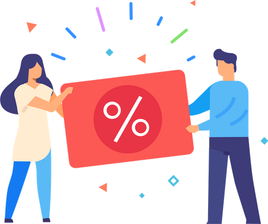 Girl and guy holding discount card  Illustration