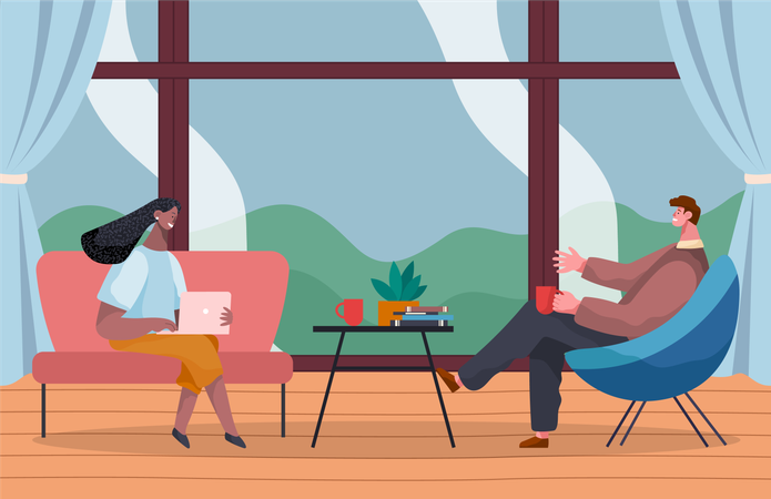 Girl and guy in chairs in a cafe or at home  Illustration