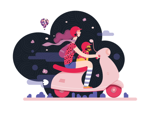 Girl and her pet riding on scooter  Illustration