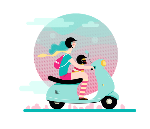 Girl and her pet riding scooter  Illustration