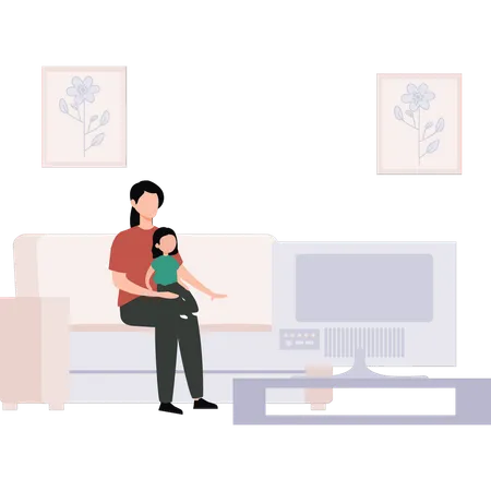 A Girl And A Kid Are Watching TV Illustration