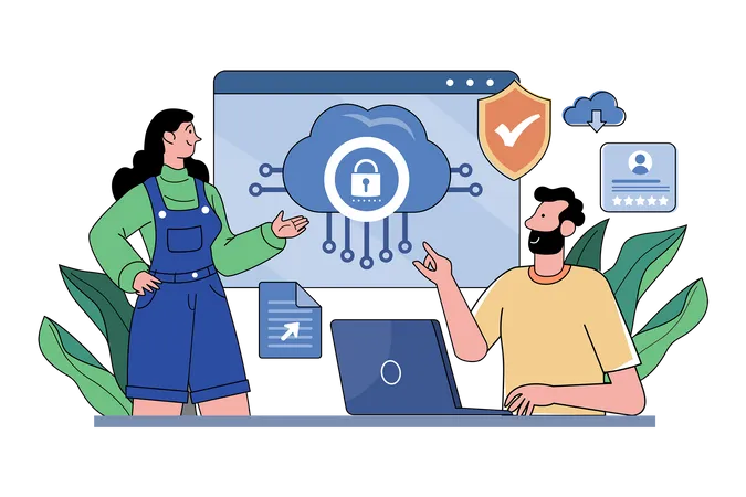 Girl And Man Are Working On Cloud Data Protection  Illustration
