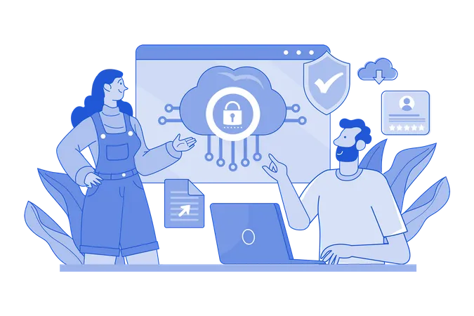 Girl And Man Are Working On Cloud Data Protection  Illustration