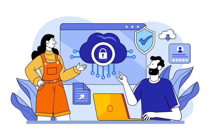 Girl And Man Are Working On Cloud Data Protection  Illustration