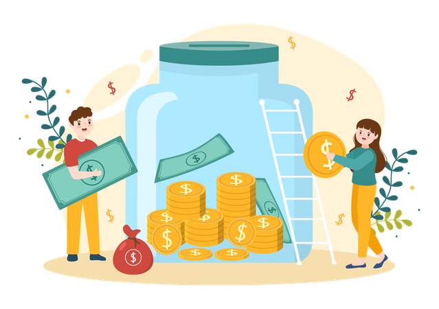 Girl and man collecting money in bottle  Illustration