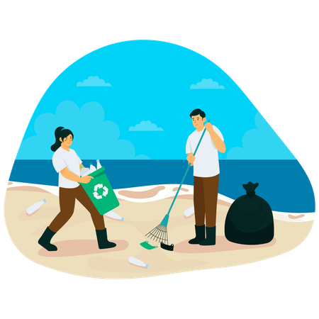 Girl and man doing Beach Cleanup  Illustration
