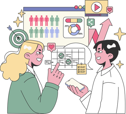 Girl and man doing customer growth and marketing goal  Illustration