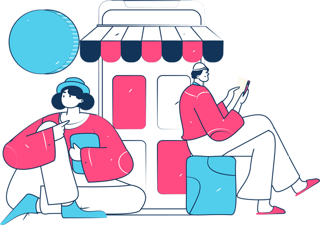 Girl And Man Doing Digital Shopping  Illustration