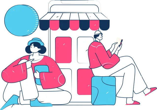 Girl And Man Doing Digital Shopping  Illustration