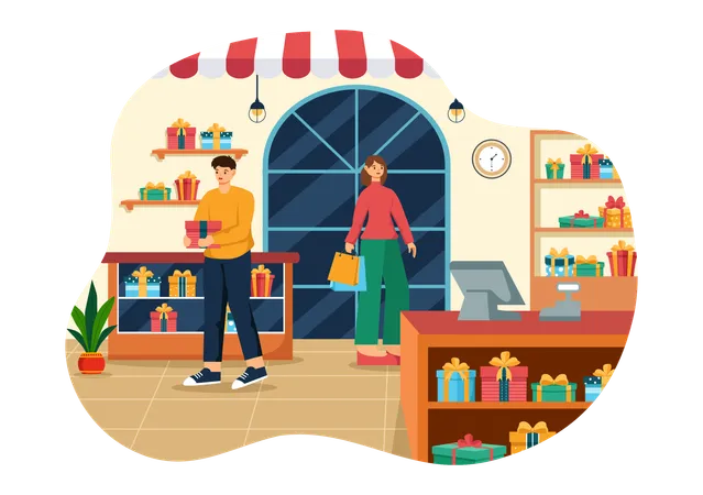 Girl and man doing gift shopping at gift shop  イラスト