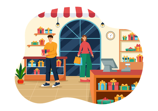 Girl and man doing gift shopping at gift shop  Illustration