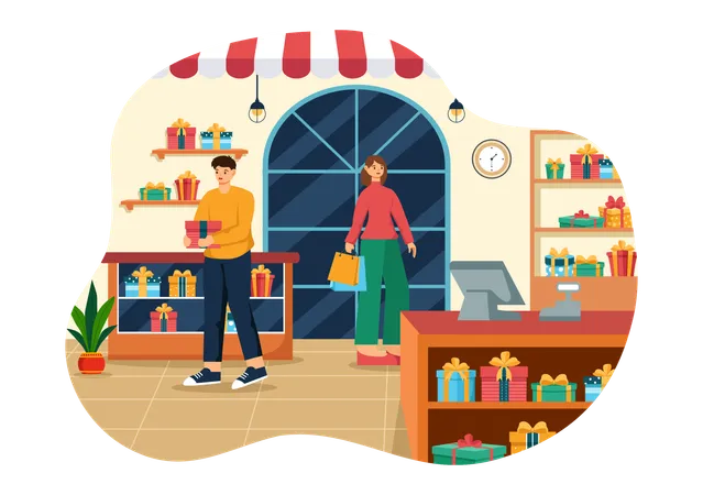 Girl and man doing gift shopping at gift shop  Illustration