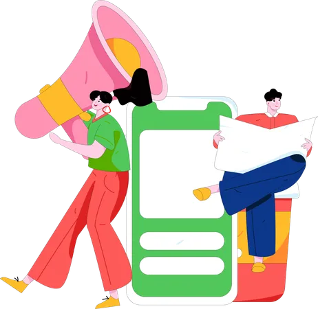 Girl and man doing mobile marketing  Illustration