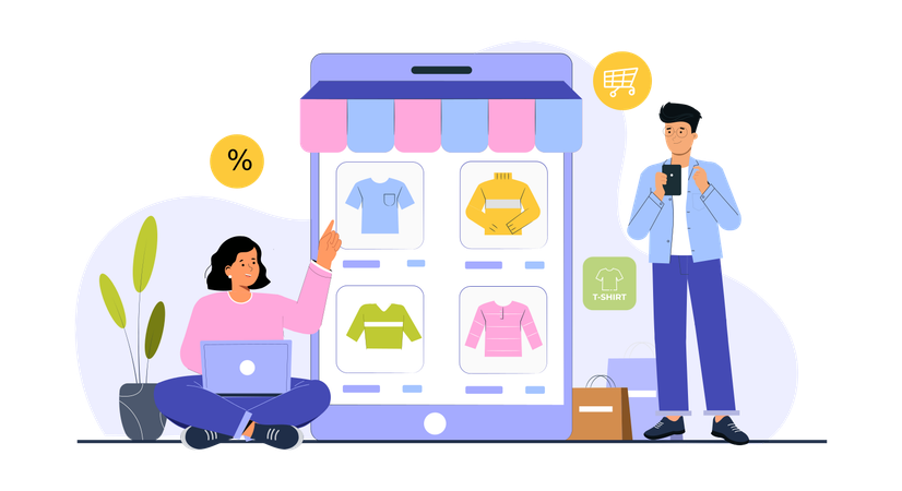 Girl and man doing online clothes shopping  Illustration