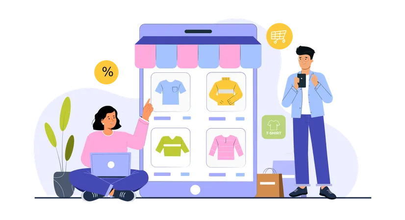 Girl and man doing online clothes shopping  Illustration