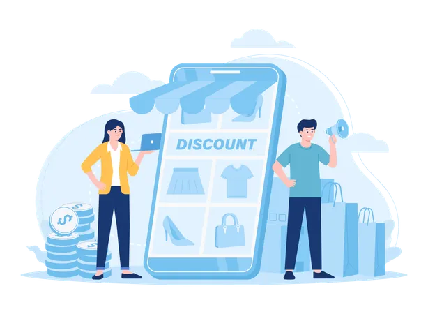 Girl and man doing Online store promotion  Illustration
