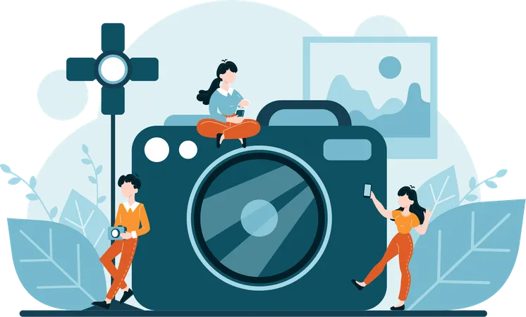 Girl and man doing photography at photo studio  Illustration