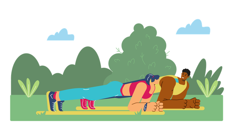 Girl and man doing plank in garden  Illustration