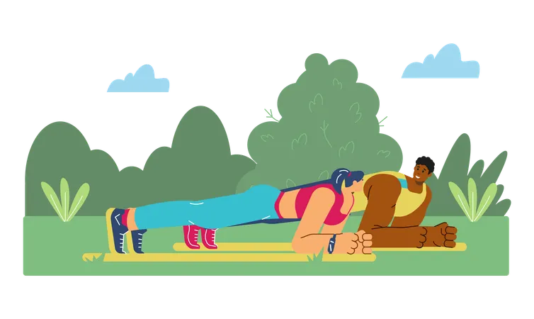 Girl and man doing plank in garden  Illustration