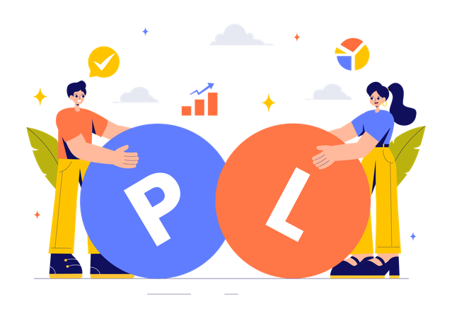 Girl and man doing profit and loss analysis  Illustration