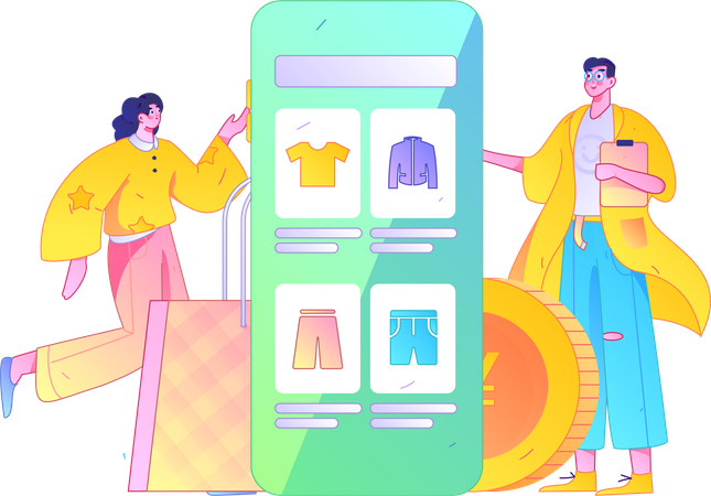 Girl and man doing shopping from shopping application  Illustration