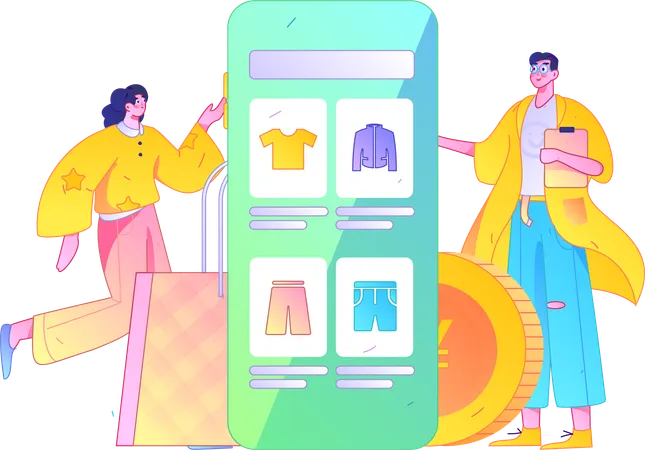 Girl and man doing shopping from shopping application  Illustration