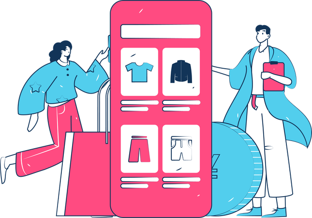 Girl And Man Doing Shopping From Shopping Application  Illustration